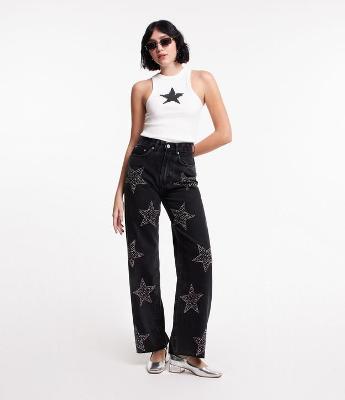 Calça Wide Leg em Jeans com Aplicação de Tachinhas Estrelas
