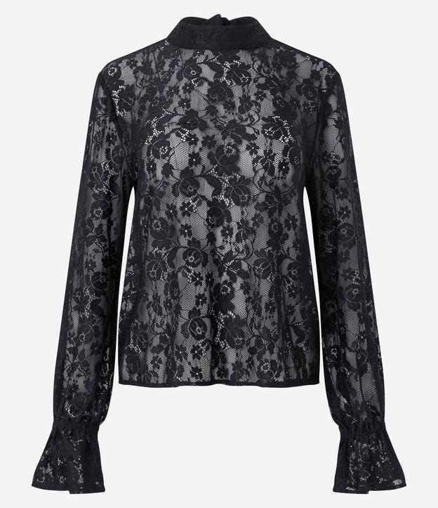 Blusa em Renda com Gola Alta e Babado na Manga - 1