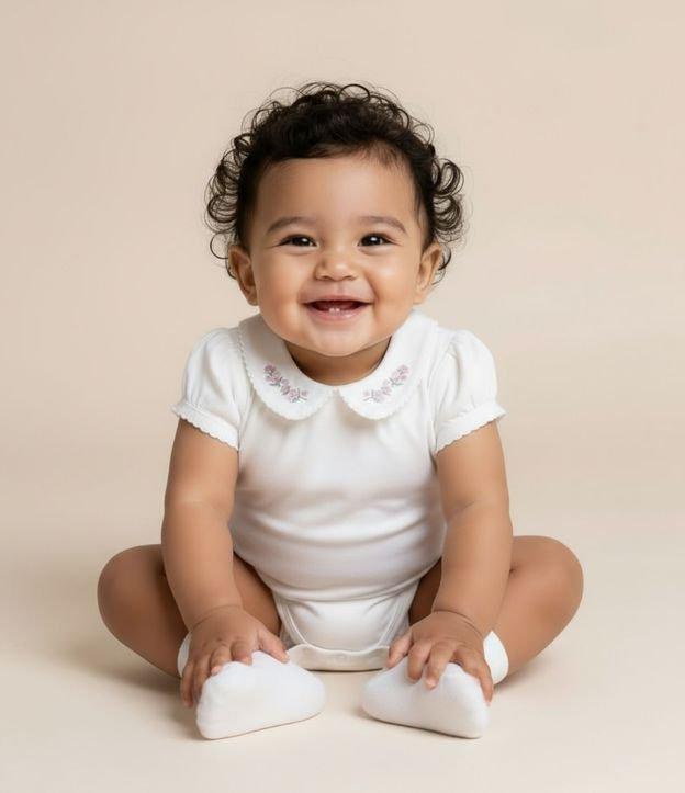 Body Infantil em Suedine com Gola Boneca e Bordado de Flores - Tam RN a 18 Meses - 2