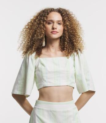 Blusa em Linho com Listras em Fio Tinto e Manga Ampla 3/4