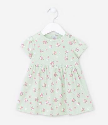 Vestido Infantil em Meia Malha com Estampa Floral - Tam 0 a 18 meses