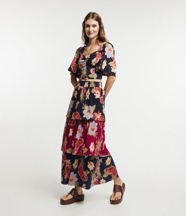 Saia Midi Texturizada com Babados e Estampa Floral com Borboletas - 1