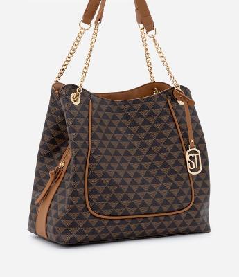 Bolsa Hobo Grande com Estampa de Triângulos e Alça Corrente