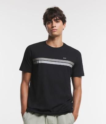Camiseta Regular em Algodão com Estampa de Listras e Etiqueta Frontal