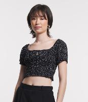 Blusa Cropped em Viscose Poá com Manga Curta e Busto Franzido - 1
