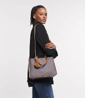 Bolsa Satchel Média com Alças Duplas Estampa de Triângulos e Pompom - 1