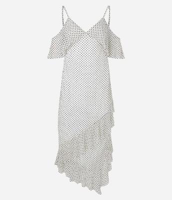 Vestido Midi em Tule com Babados Assimétricos e Estampa Poá