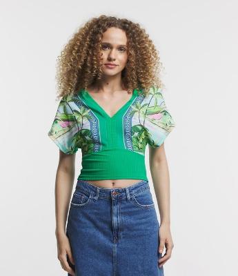 Blusa em Ribana com Estampa Tropical nas Mangas e Busto