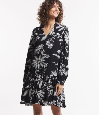 Vestido em Viscose com Amarração no Punho e Estampa Floral