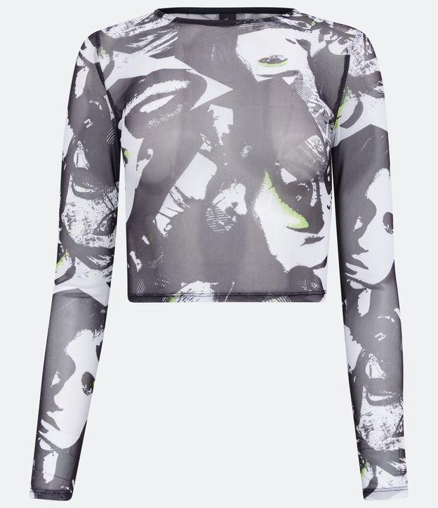 Blusa Cropped em Tule com Manga Longa e Estampa de Rostos - 1