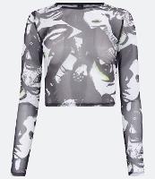 Blusa Cropped em Tule com Manga Longa e Estampa de Rostos - 1