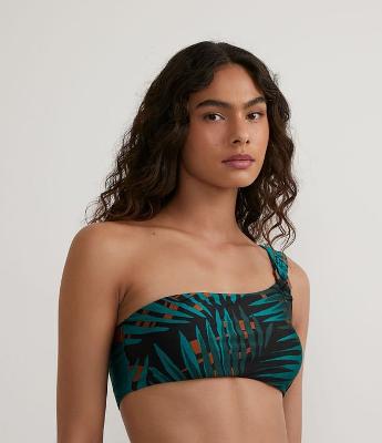 Biquíni Top Ombro Só em Poliamida com Estampa de Folhagem