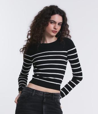 Blusa Manga Longa em Viscose Listrada