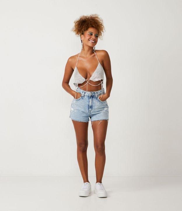 Short Cintura Alta em Jeans com Detalhes em Brilhos e Estrelas - 1
