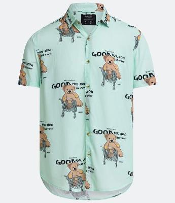Camisa Regular em Viscose com Estampa Urso no Carrinho e Lettering