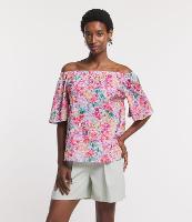 Blusa Ombro a Ombro em Sarja com Flores Aquareladas Estampadas - 1