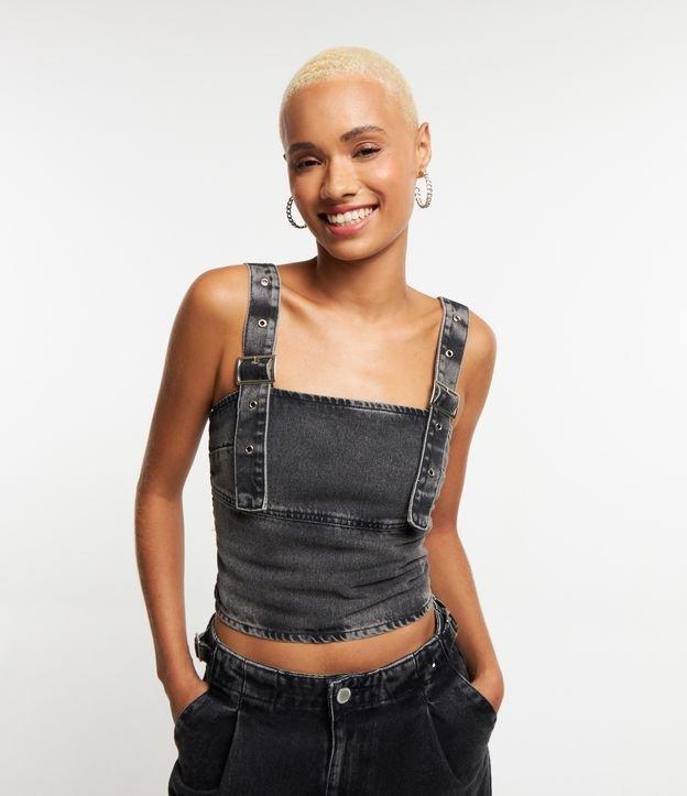 Blusa Cropped em Jeans com Alças de Fivelas - 1