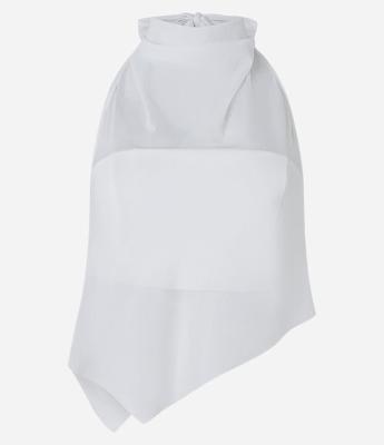 Blusa Cropped em Tule com Decote Halter e Barra Assimétrica