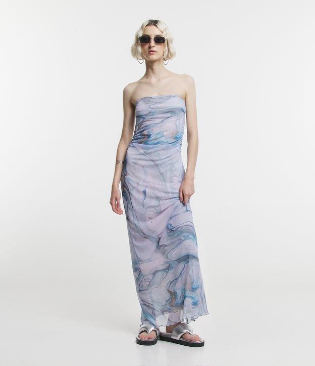 Vestido New Midi em Tule com Estampa Abstrata Marmorizada com Franzido - 1