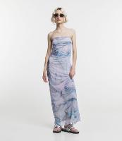 Vestido New Midi em Tule com Estampa Abstrata Marmorizada com Franzido - 1