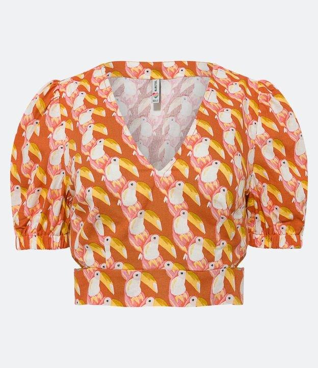 Blusa Cropped em Linho com Mangas Bufantes e Estampa de Tucaninhos - 2