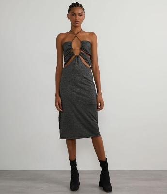 Vestido Midi em Jersey Metalizado Decote Diferenciado e Mordidinhas