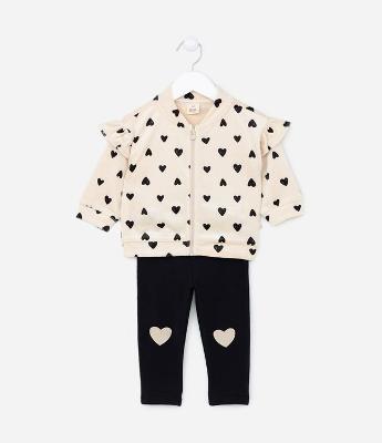 Conjunto Longo Infantil em Plush com Estampa de Corações - Tam 0 a 18 meses