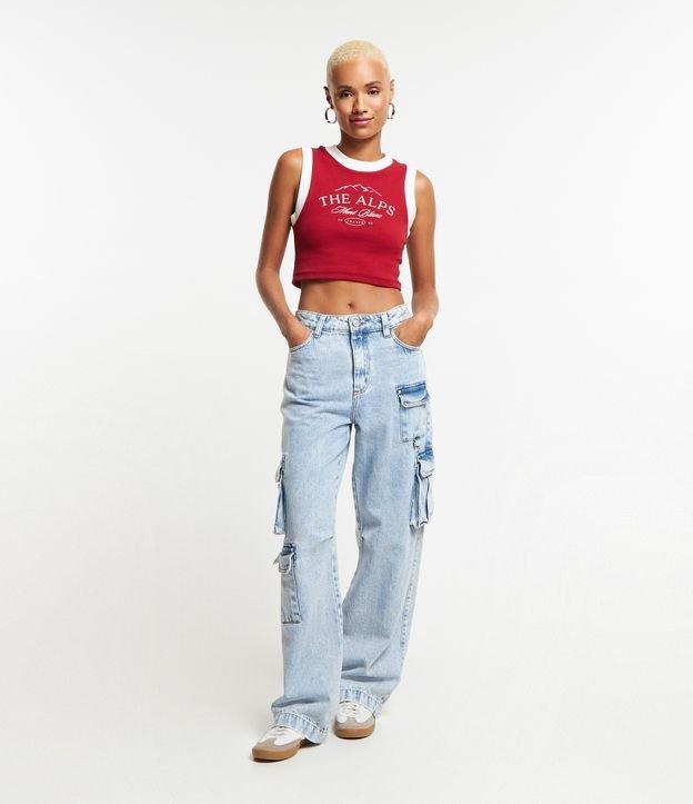 Calça Reta em Jeans com Bolsos Cargo e Meia Argola em Metal - 1
