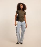 Calça Reta em Jeans com Bolsos Cargo e Meia Argola em Metal - 3