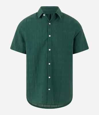 Camisa Regular em Linho com Textura Grid e Gola Colarinho