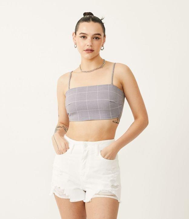 Blusa Regata Cropped com Lastex e Estampa Xadrez - 1