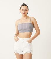 Blusa Regata Cropped com Lastex e Estampa Xadrez - 1