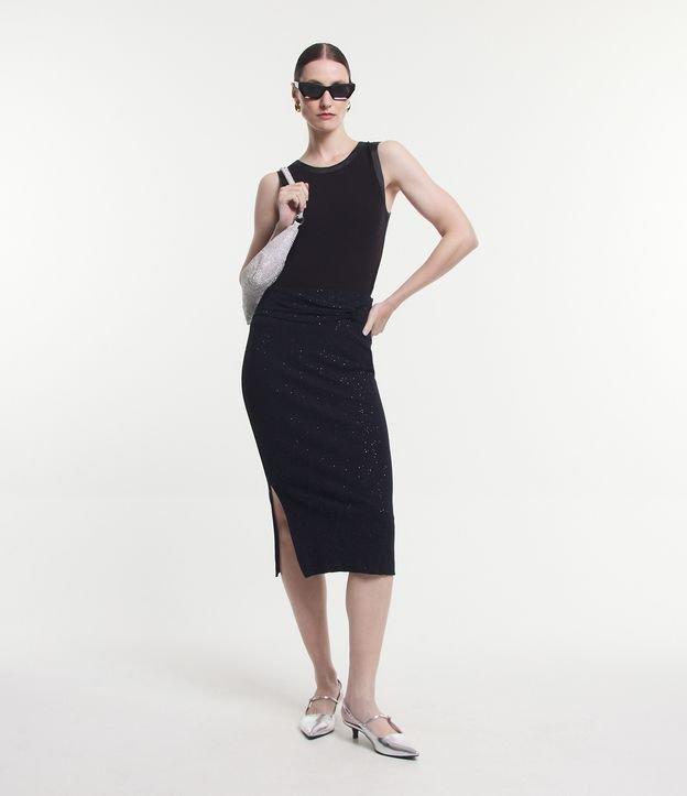 Saia Lápis Midi em Malha Meia com Detalhe Drapeado e Brilhos - 1