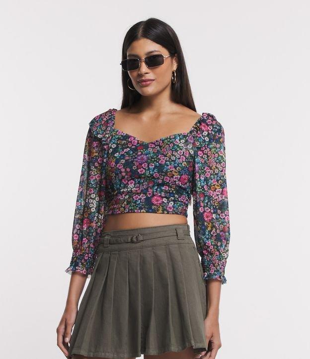 Blusa Manga 3/4 em Tule com Flores Liberty Estampadas - 1