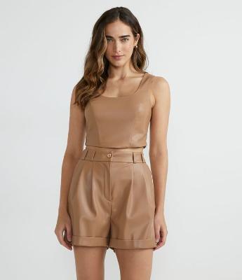 Blusa Regata Cropped em Material Sintético com Lastex nas Costas