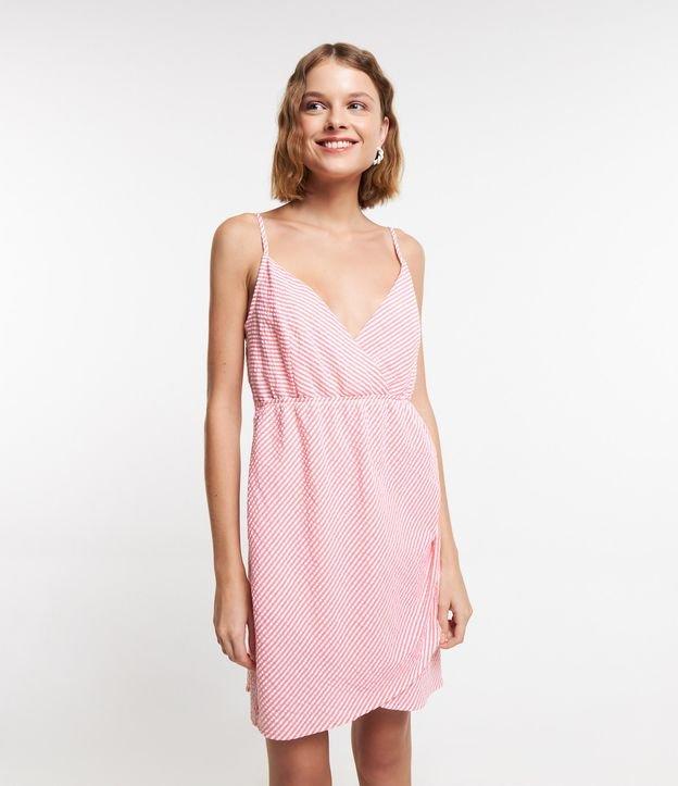 Vestido Curto em Tricoline Transpassado e com Listras em Fio Tinto - 1