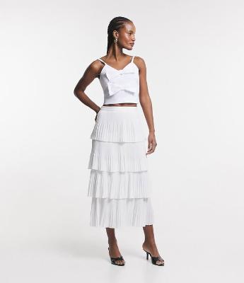 Saia Midi em Crepe com Sobreposições Plissadas