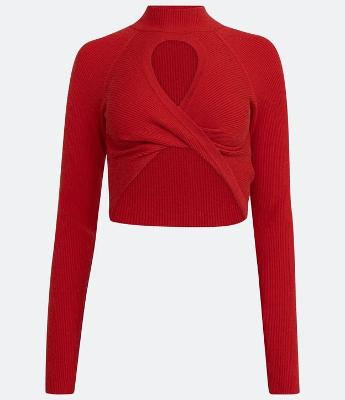 Blusa Cropped em Tricô com Gola Alta e Recorte Gota no Busto