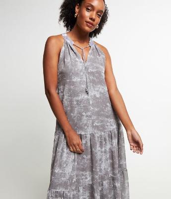 Vestido Midi em Chiffon com Amarração na Gola e Recorte Franzido na Saia