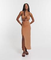 Saia Midi em Meia Malha com Flor Aplicada e Fenda - 1