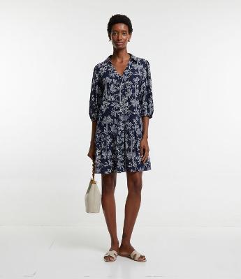 Vestido Chemise em Viscolinho com Estampa Folhagens e Mangas Bufantes