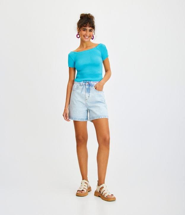 Short Mom Jeans Cintura Alta com Cordão na Cintura e Barra Dobrada - 1