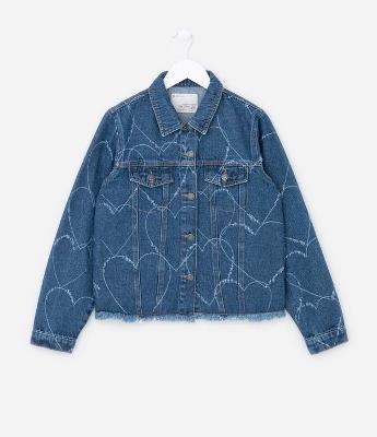Jaqueta Cropped Infantil em Jeans com Estampa de Corações - Tam 5 a 14 anos