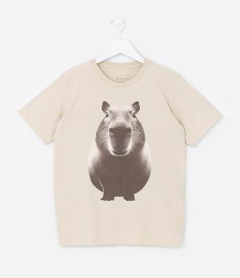 Camiseta Infantil com Estampa Frontal de Capivara - Tam 5 a 14 anos