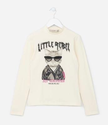 Blusa Infantil com Estampa Gato de Óculos - Tam 5 A 14 Anos