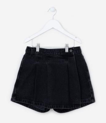 Short Saia Infantil Jeans Plissado - Tam 5 A 14 Anos