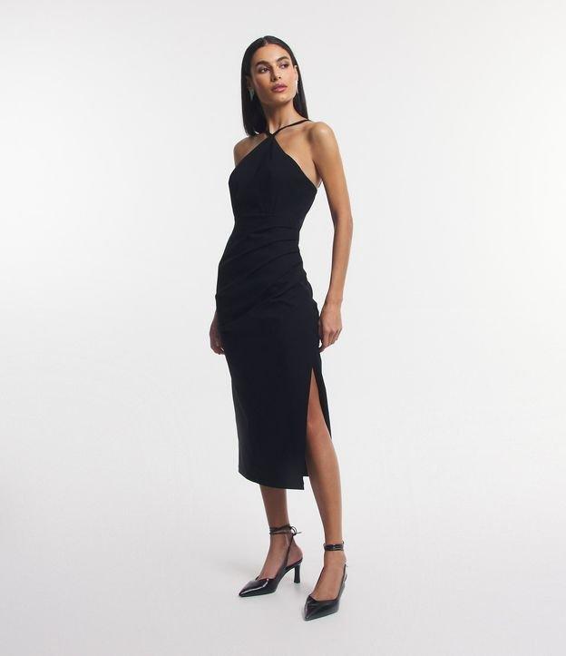 Vestido Midi em Bengaline com Decote Halter e Fenda Lateral - 1