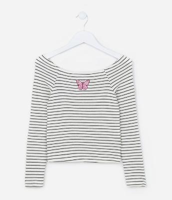 Blusa Infantil Canelada com Bordado Borboleta - Tam 5 A 14 Anos