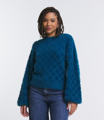 Suéter em Tricô com Manga Bufante e Pelinhos