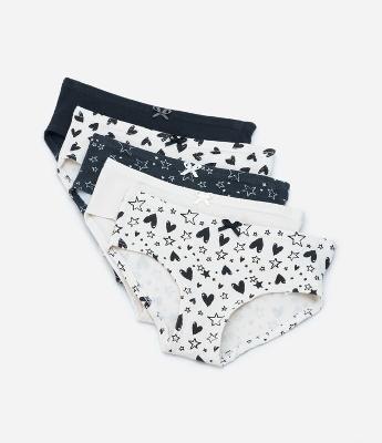 Kit 05 Calcinhas em Algodão com Estampa Estrelas e Corações - Tam 2 a 14 anos